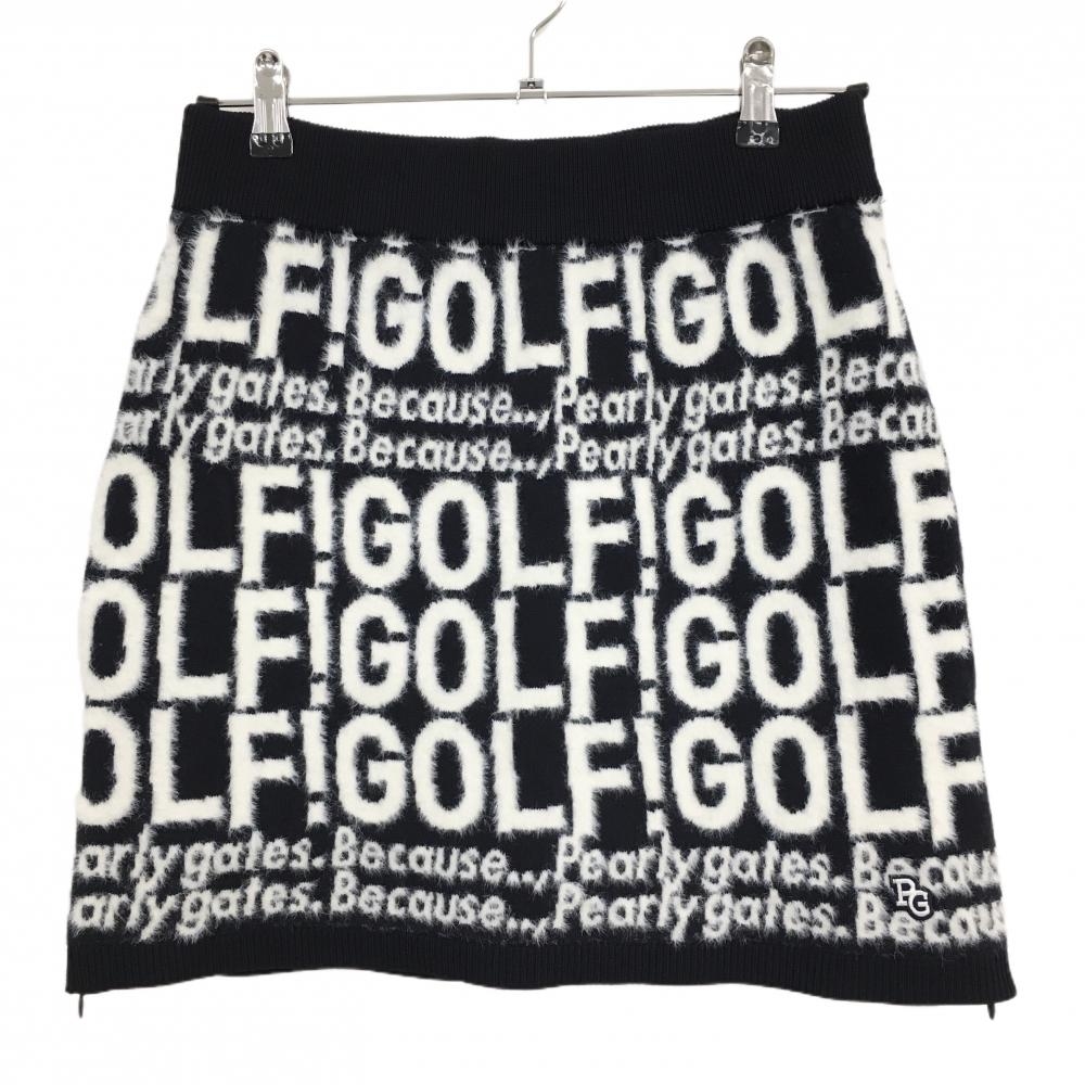 【超美品】パーリーゲイツ ニットスカート 黒×白 英字総柄 ウール混  レディース 2(L) ゴルフウェア 2023年モデル PEARLY GATES