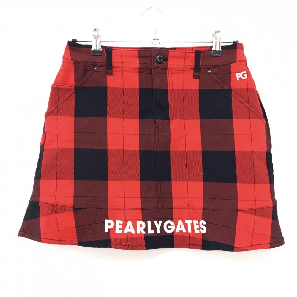 【超美品】パーリーゲイツ スカート レッド×黒 チェック ストレッチ 裾ロゴ レディース 1(M) ゴルフウェア PEARLY GATES