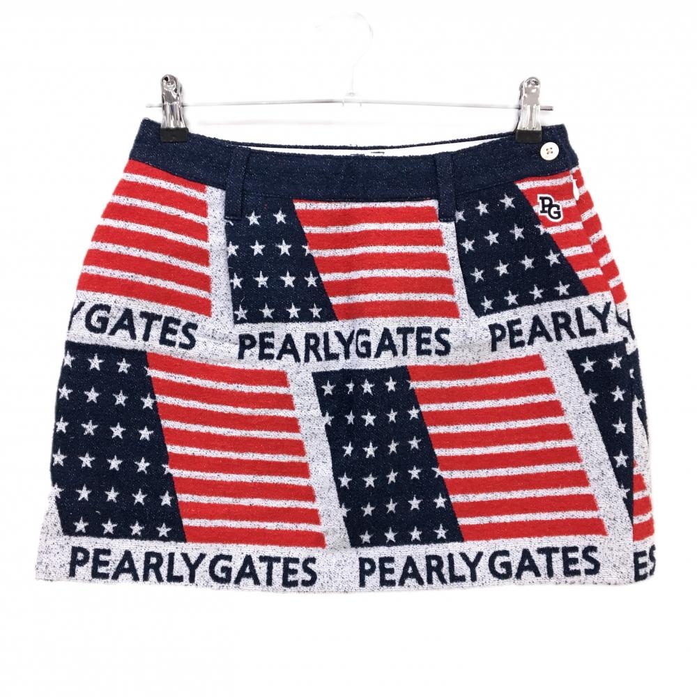 【美品】パーリーゲイツ スカート レッド×ネイビー×白 星条旗調総柄 裏地付 レディース 1 ゴルフウェア PEARLY GATES