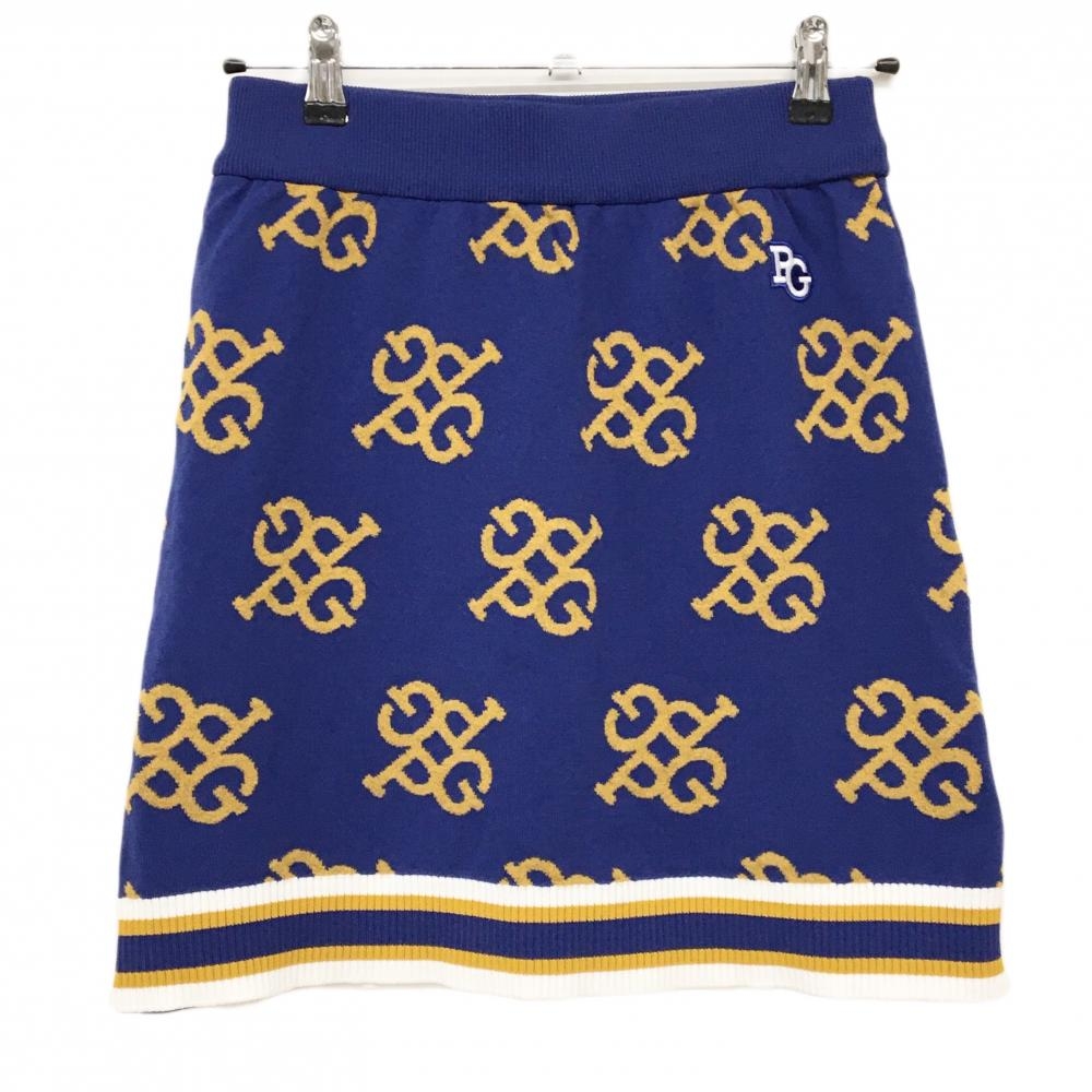 【超美品】パーリーゲイツ ニットスカート ブルー×イエローオレンジ ロゴ総柄 裾リブ レディース 1(M) ゴルフウェア PEARLY GATES
