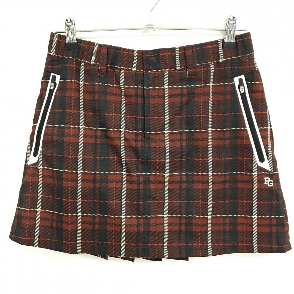 【超美品】パーリーゲイツ スカート ブラウン×黒 チェック 蓄熱裏地 ウエストゴム レディース 2(L) ゴルフウェア PEARLY GATES