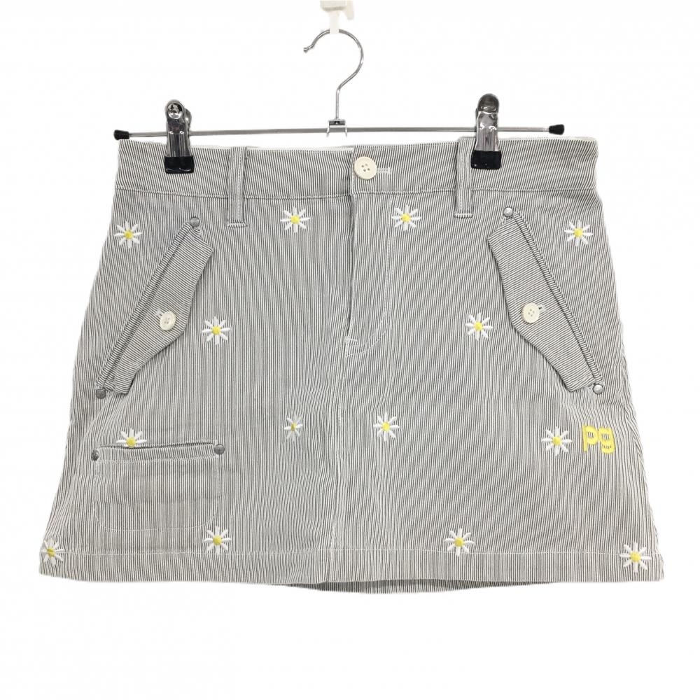 パーリーゲイツ スカート グレー×白 細ストライプ 花刺しゅう総柄 レディース 0(S) ゴルフウェア PEARLY GATES