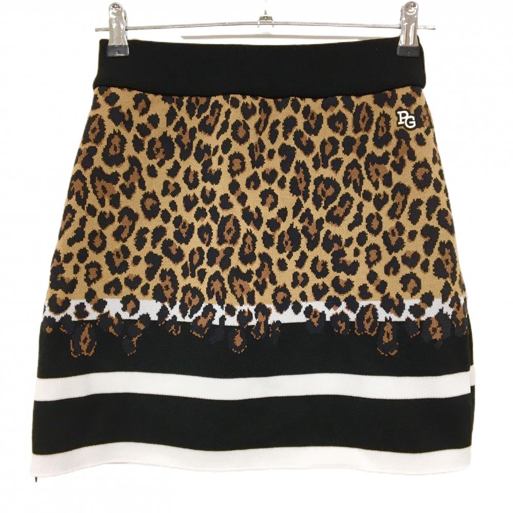 【超美品】パーリーゲイツ ニットスカート ライトブラウン×黒×白 レオパード ヒョウ柄  レディース 0(S) ゴルフウェア PEARLY GATES
