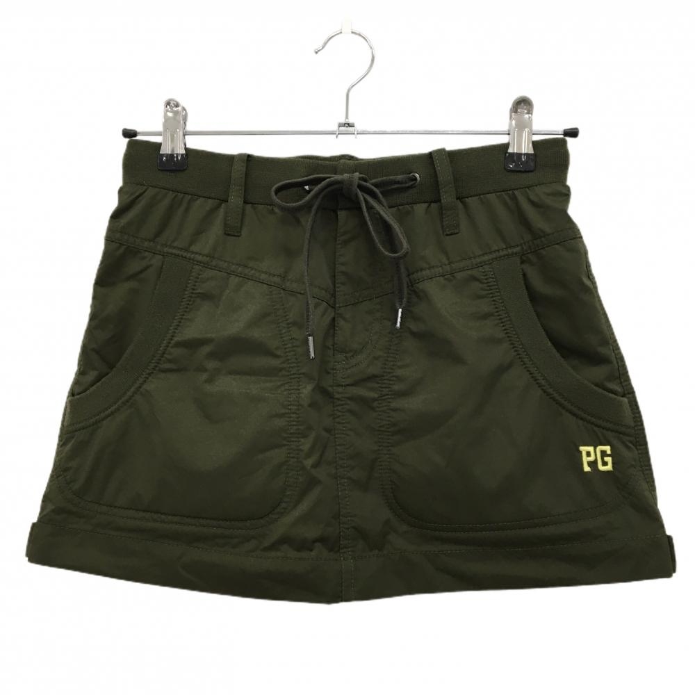 【美品】パーリーゲイツ スカート ダークグリーン×イエロー ロゴ刺しゅう ウエストゴム  レディース 0(XS) ゴルフウェア PEARLY GATES
