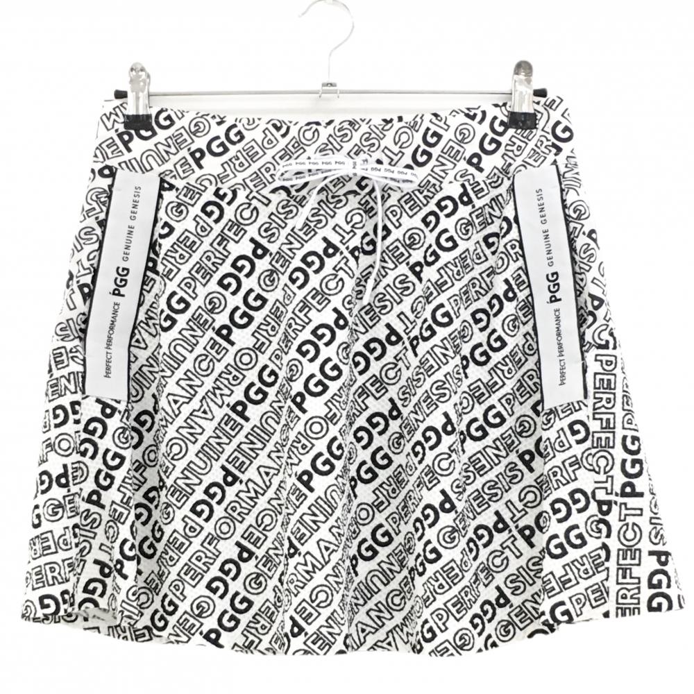 【美品】PGGパーリーゲイツ スカート 白×黒 ロゴ総柄 裏地メッシュ レディース 2(L) ゴルフウェア PEARLY GATES