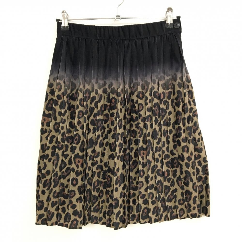 【新品】パーリーゲイツ プリーツスカート ベージュ系×黒 レオパード柄 表微起毛 ひざ丈 レディース 1(M) ゴルフウェア PEARLY GATES