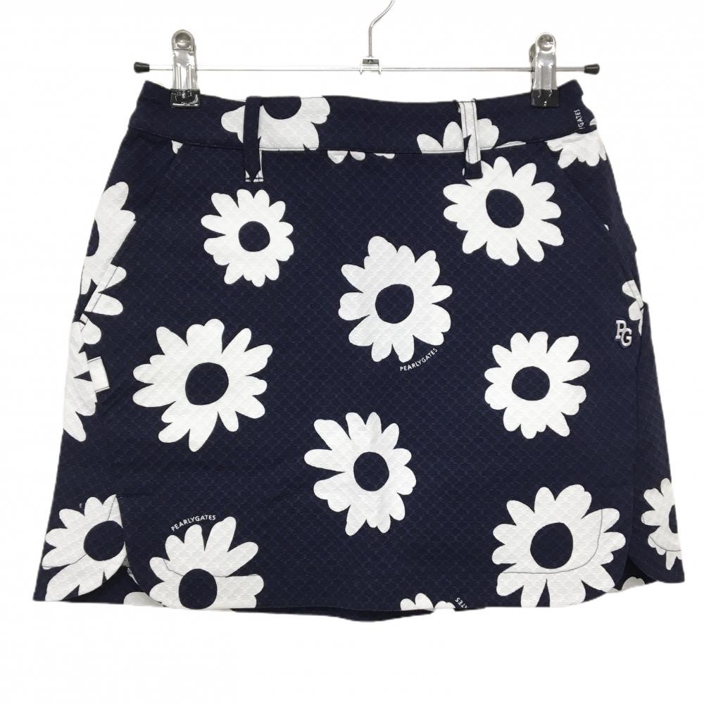 【新品】パーリーゲイツ スカート ネイビー×白 花柄 地模様 ロゴ刺しゅう レディース 0(S) ゴルフウェア PEARLY GATES
