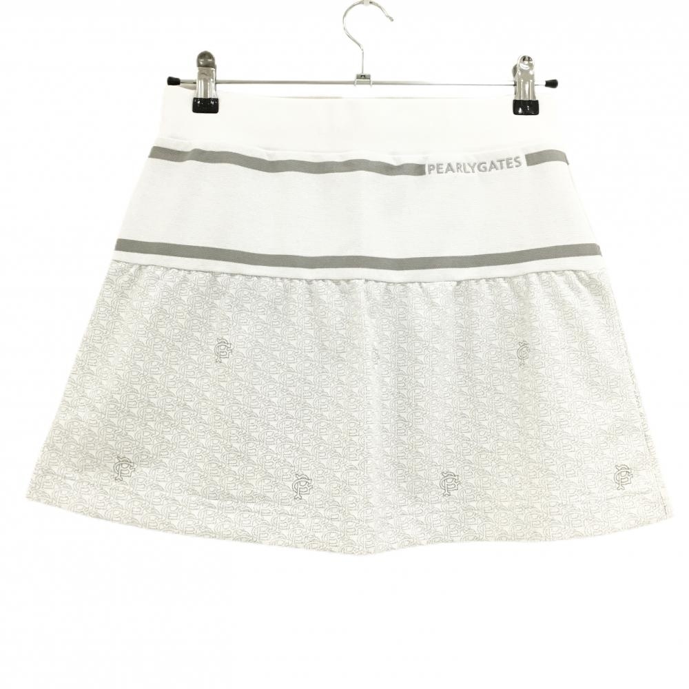 【新品】パーリーゲイツ スカート 白×グレー 下部総柄 ロゴ刺しゅう ウエスト紐 日本製 レディース 0(S) ゴルフウェア PEARLY GATES