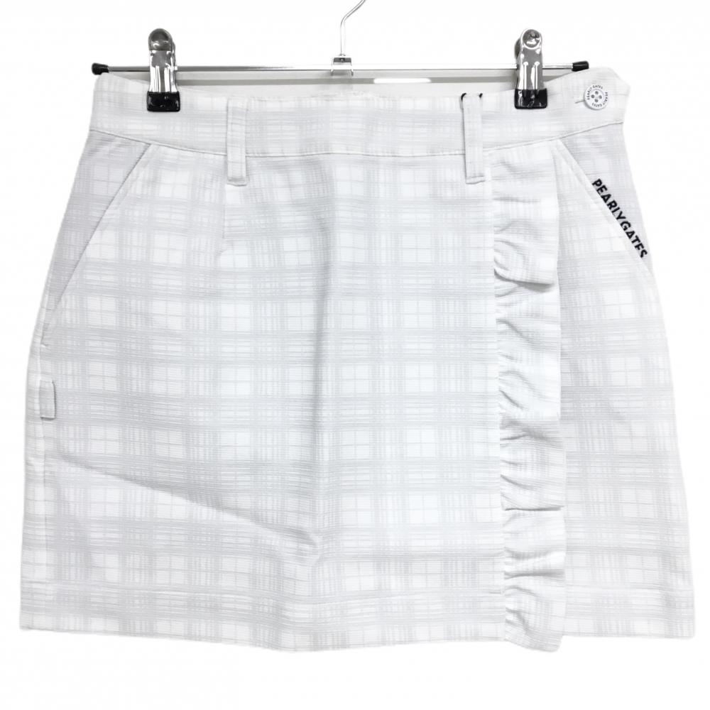 【新品】パーリーゲイツ スカート 白×ライトグレー チェック柄 フロントフリル 抗菌 消臭 レディース 1(M) ゴルフウェア PEARLY GATES