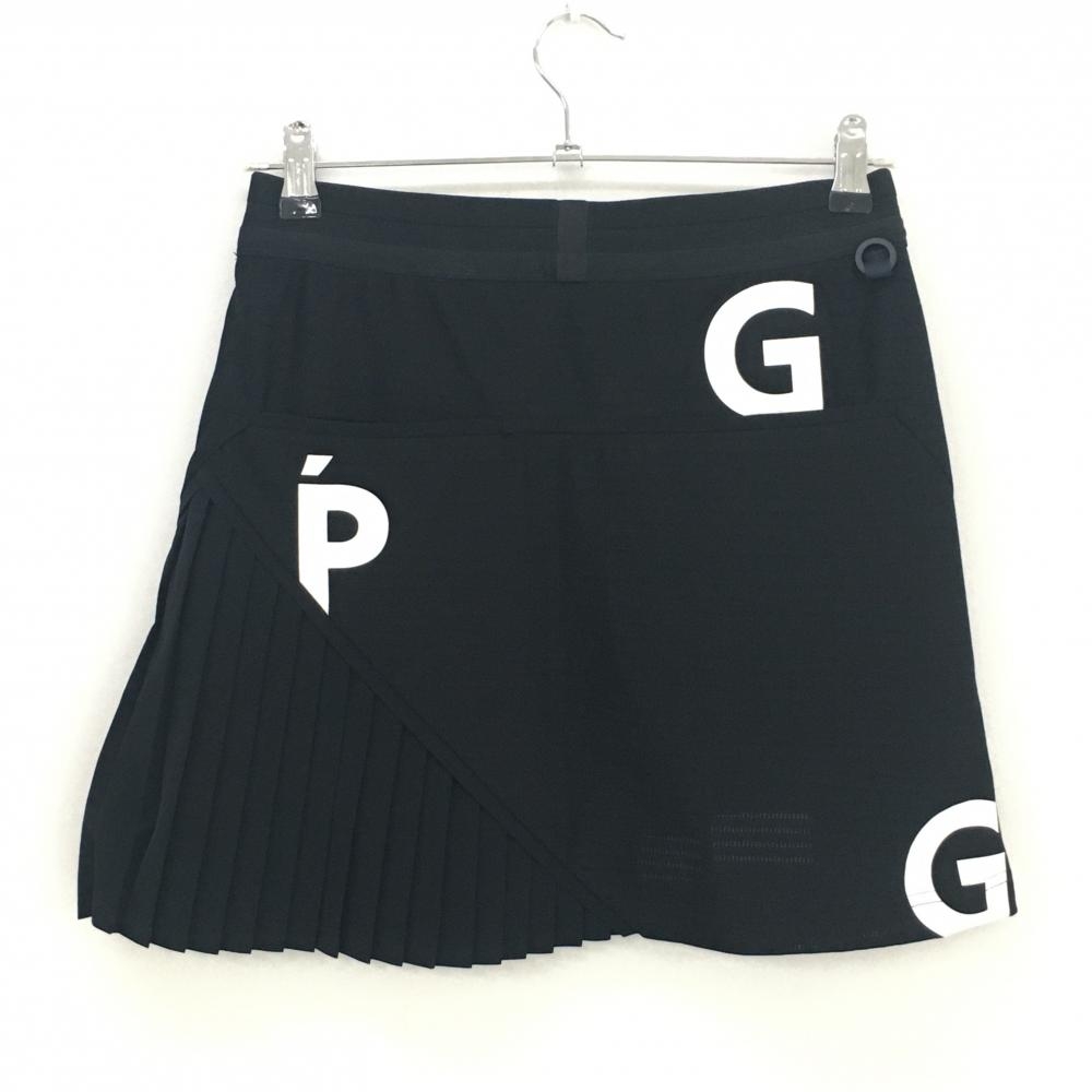 【新品】PGGパーリーゲイツ スカート 黒 一部プリーツ ウエストゴム 調節紐 ロゴプリント レディース 0(S) ゴルフウェア PEARLY GATES