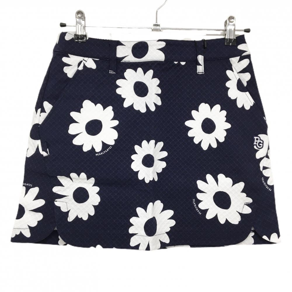 【新品】パーリーゲイツ スカート ネイビー×白 花柄 織生地 ロゴ刺しゅう レディース 0(S) ゴルフウェア PEARLY GATES
