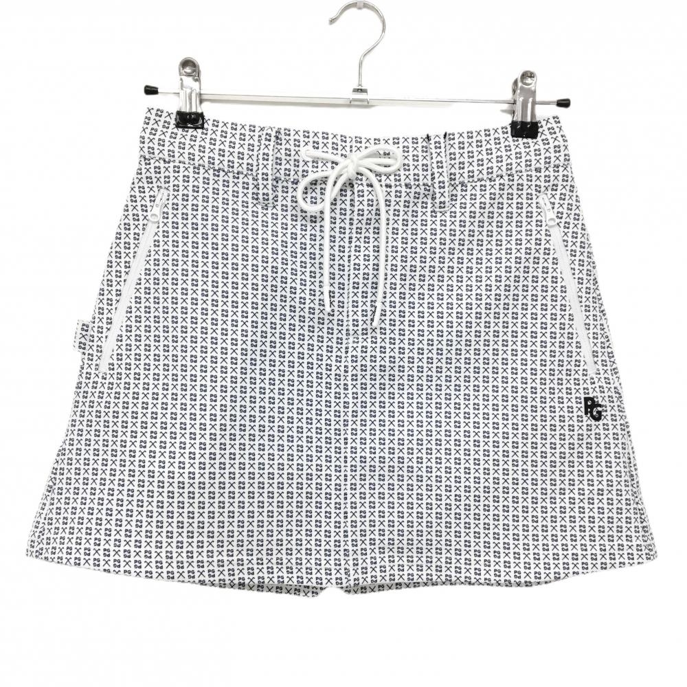 【新品】パーリーゲイツ スカート 白×ネイビー ロゴ総柄 ウエスト調節紐 ファスナーポケット レディース 0(S) ゴルフウェア PEARLY GATES