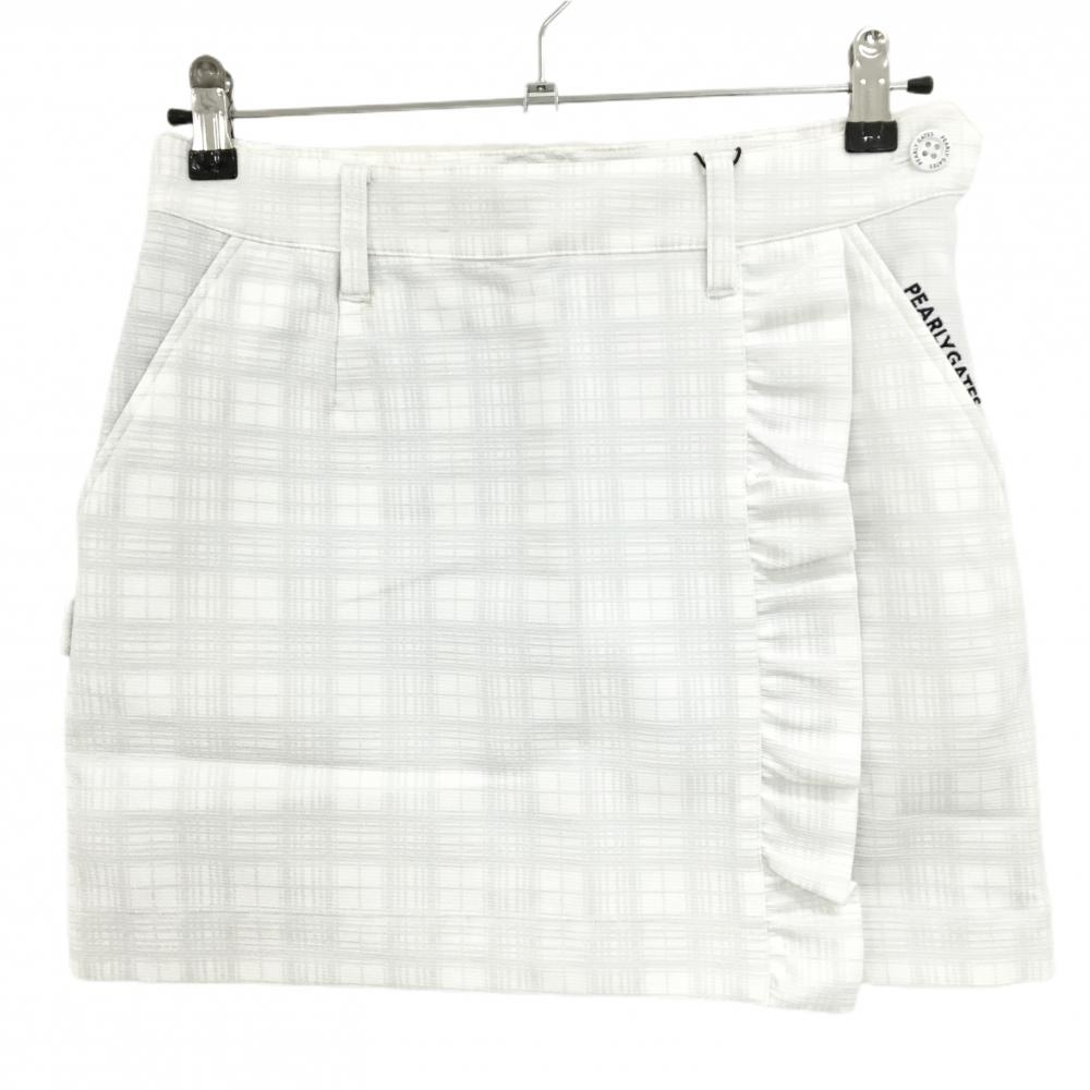 【新品】パーリーゲイツ スカート 白×ライトグレー チェック柄 一部フリル ロゴ刺しゅう レディース 1(M) ゴルフウェア PEARLY GATES