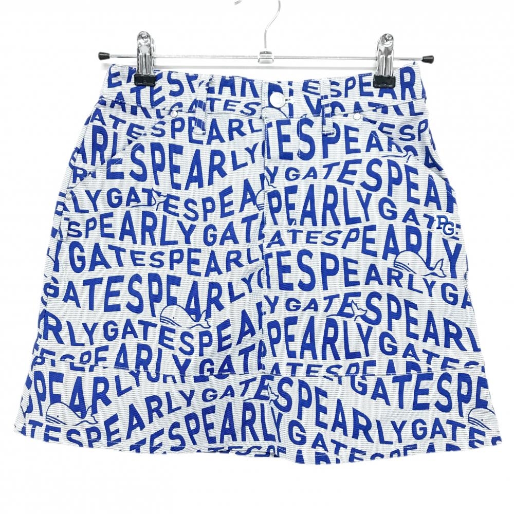 【超美品】パーリーゲイツ スカート ライトグレー系×ブルー ロゴ総柄 ストレッチ  レディース 00(XS) ゴルフウェア PEARLY GATES