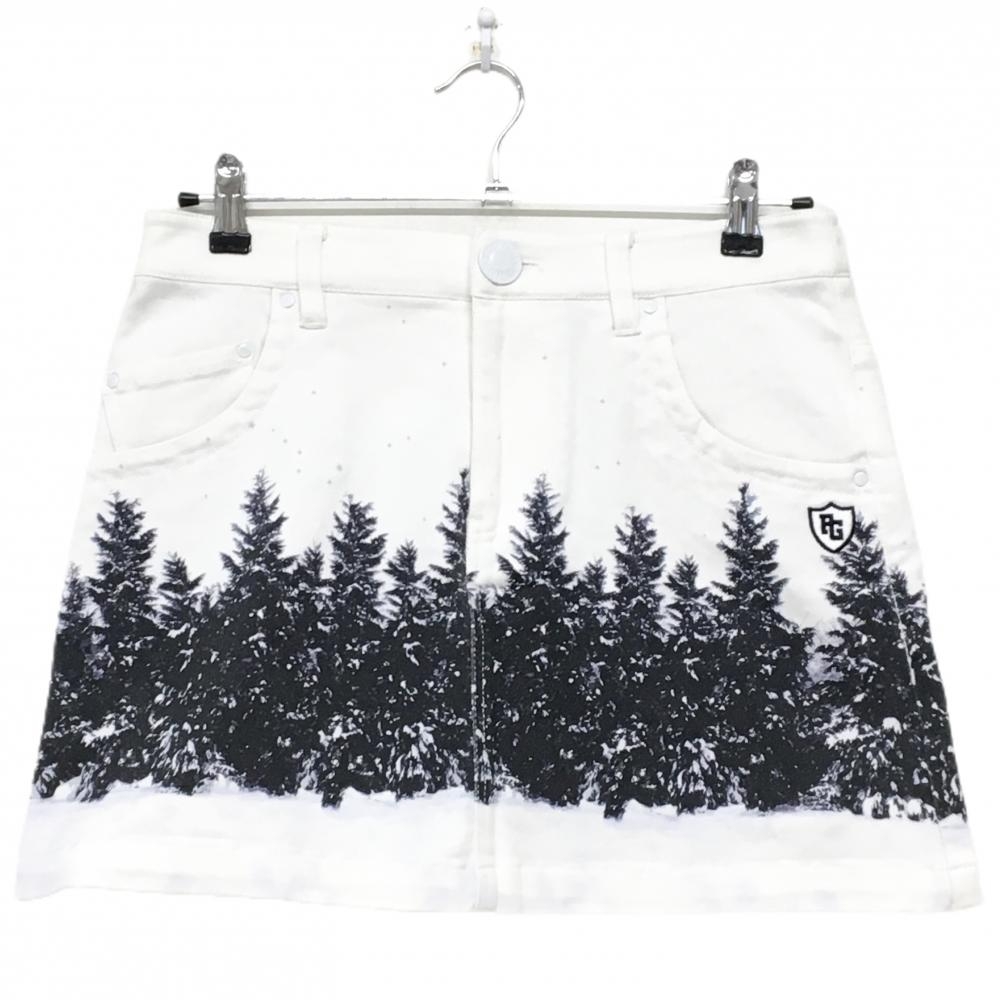 【超美品】パーリーゲイツ スカート 白×黒 もみの木・雪景色柄 ストレッチ レディース 0(S) ゴルフウェア PEARLY GATES