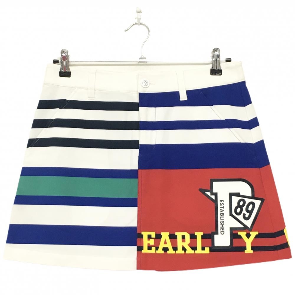 【超美品】パーリーゲイツ スカート 白×マルチカラー ランダムボーダー ストレッチ レディース 1(M) ゴルフウェア PEARLY GATES