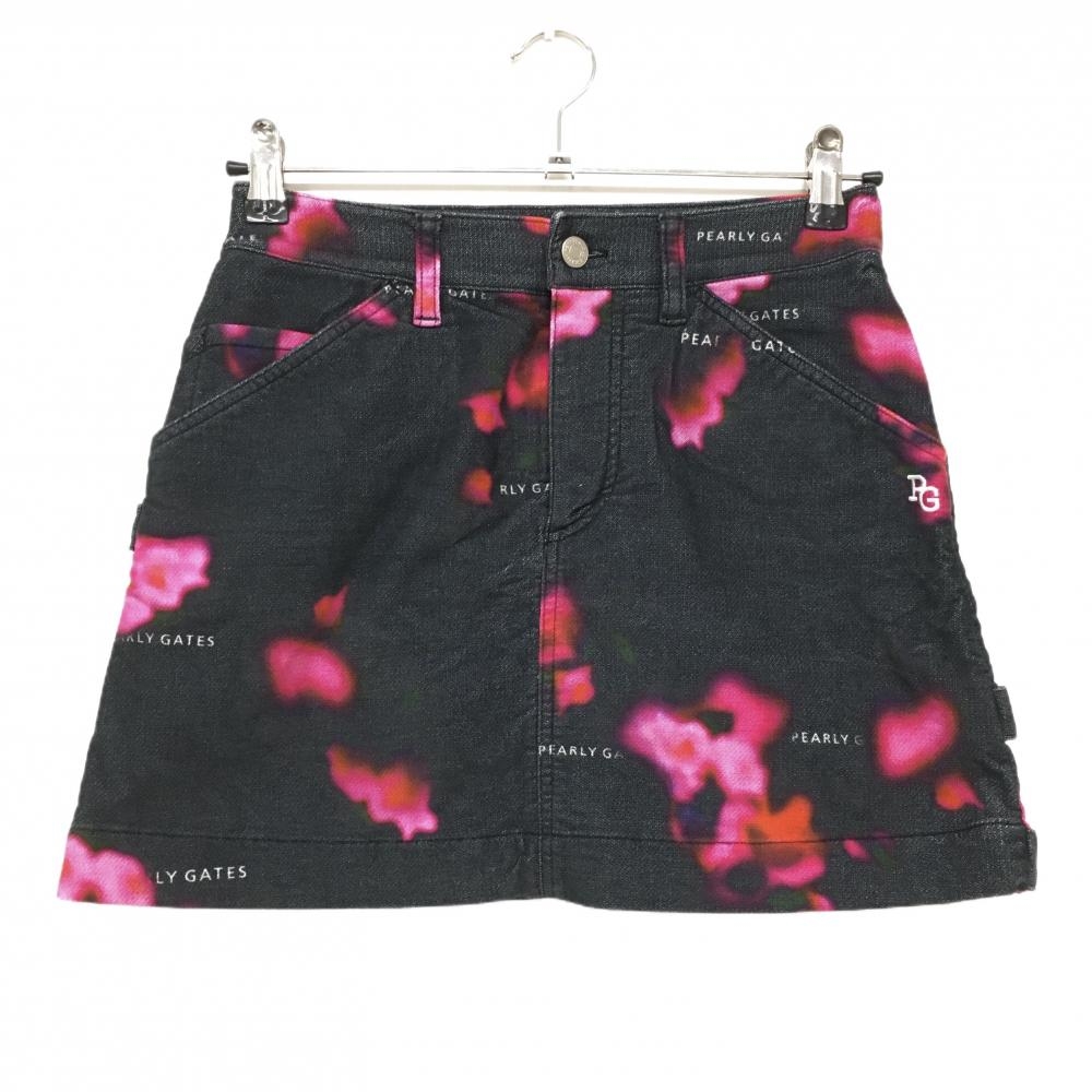 【美品】パーリーゲイツ スカート 黒×ピンク 総柄 ロゴ 裏微起毛 レディース 00(XS) ゴルフウェア 2024年モデル PEARLY GATES