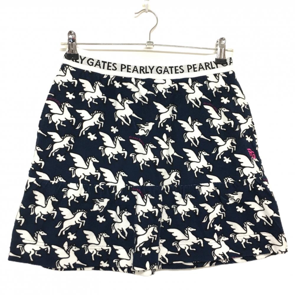 【新品】パーリーゲイツ スカート ネイビー×白 ペガサス柄 パイル地 ウエストゴム レディース 0(S) ゴルフウェア PEARLY GATES