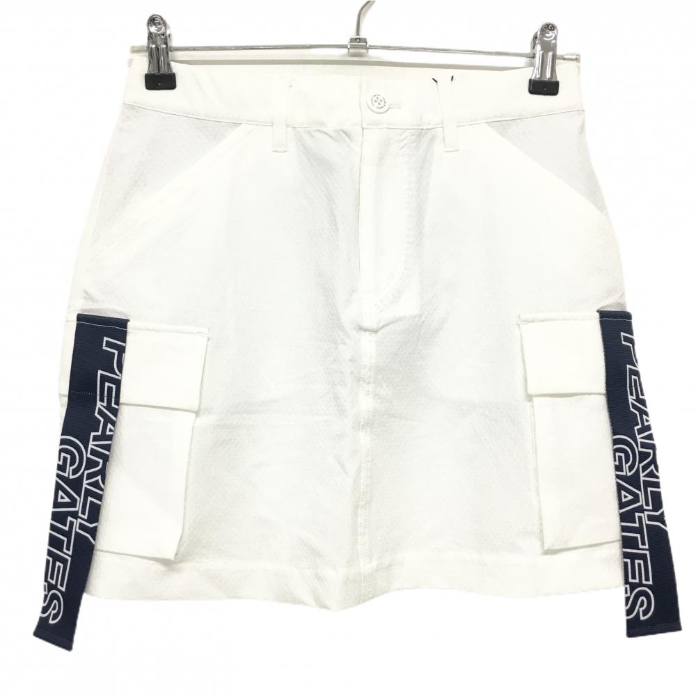 【新品】パーリーゲイツ カーゴスカート 白×ネイビー サッカー生地 ポケットベルトロゴ  レディース 0(S) ゴルフウェア PEARLY GATES