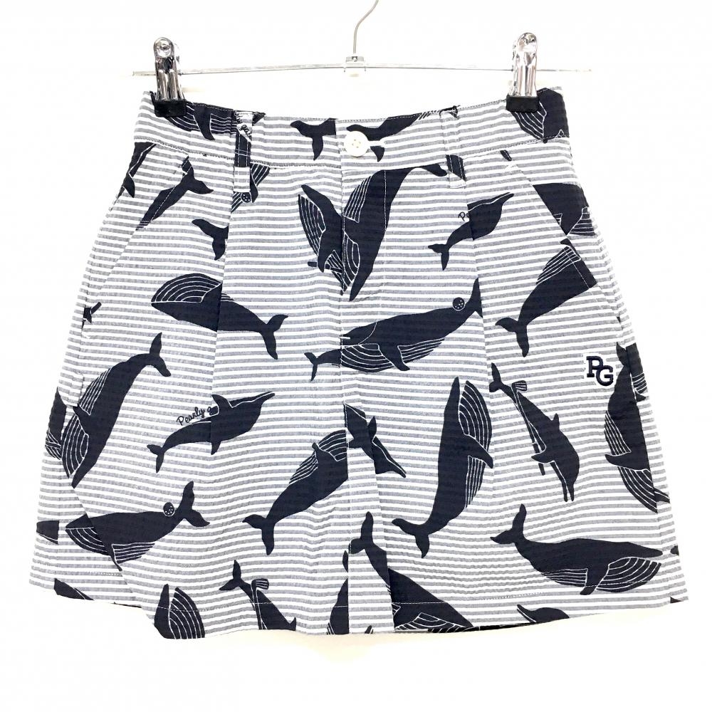 【新品】パーリーゲイツ スカート 白×グレー×黒 総柄 イルカ クジラ ボーダー サッカー生地 クリーンポケッツ レディース 00(XS) ゴルフウェア PEARLY GATES