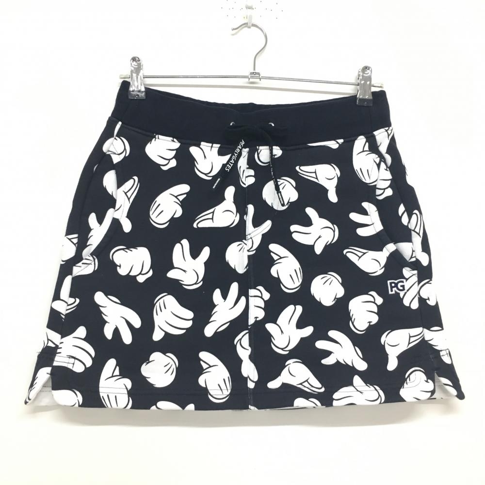 【美品】パーリーゲイツ×Disney スウェットスカート 黒×白 ミッキーの手総柄 裏起毛 レディース 1(M) ゴルフウェア PEARLY GATES