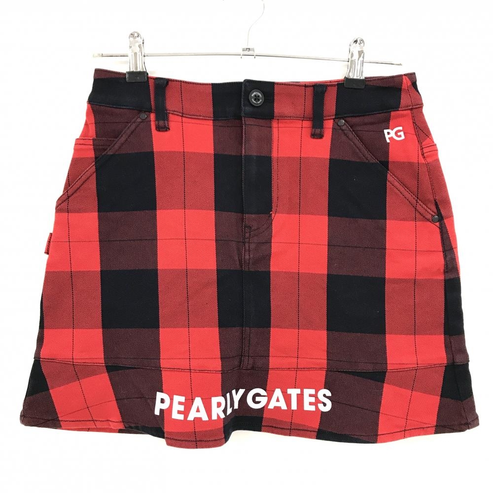 【美品】パーリーゲイツ スカート レッド×黒 チェック 裾ロゴ レディース 0(S) ゴルフウェア PEARLY GATES