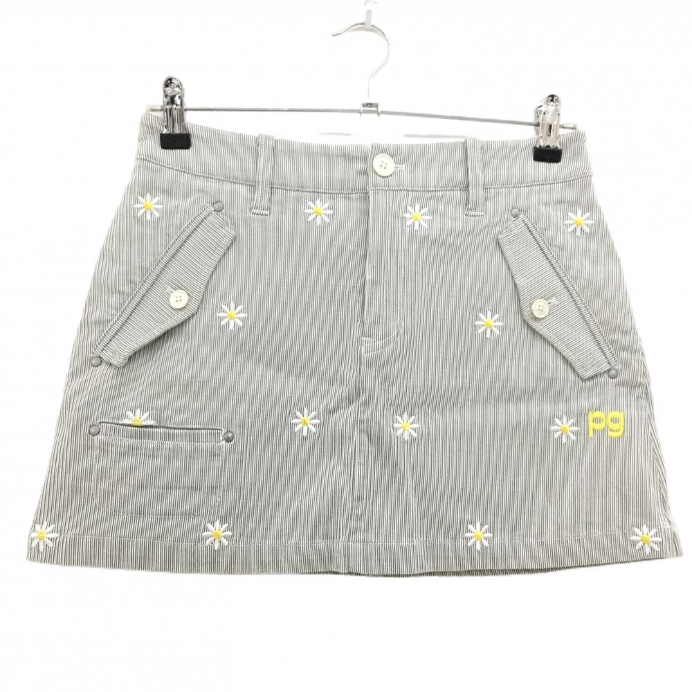 【美品】パーリーゲイツ スカート ライトグレー×白 細目ストライプ 花刺しゅう総柄 レディース 0(S) ゴルフウェア PEARLY GATES