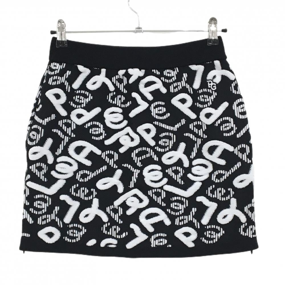 【新品】パーリーゲイツ ニットスカート 黒×白 総柄 パイル風立体英字 ウエストゴム  レディース 1(M) ゴルフウェア PEARLY GATES