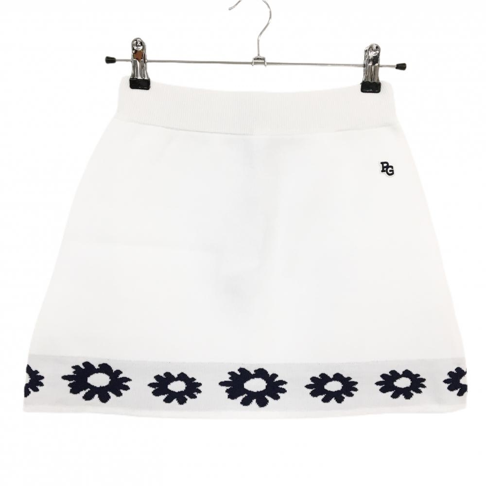 【新品】パーリーゲイツ ニットスカート 白×ネイビー 裾花柄 ウエストゴム ロゴワッペン レディース 0(S) ゴルフウェア PEARLY GATES