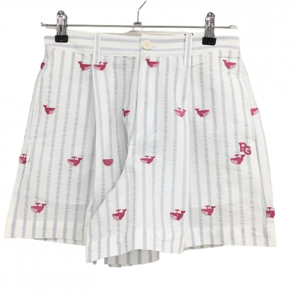 【新品】パーリーゲイツ キュロットスカート 白×ライトブルー系 クジラ柄 ストライプ レディース 0(S) ゴルフウェア PEARLY GATES