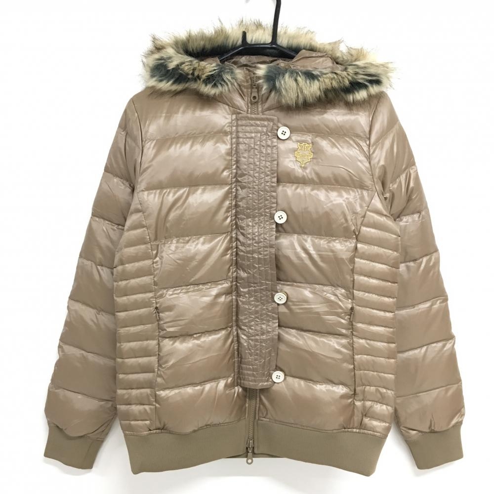 ビームスゴルフ フード付きダウンジャケット ライトブラウン 光沢感 ファー取り外し可 ロゴ刺しゅう レディース L ゴルフウェア BEAMS GOLF