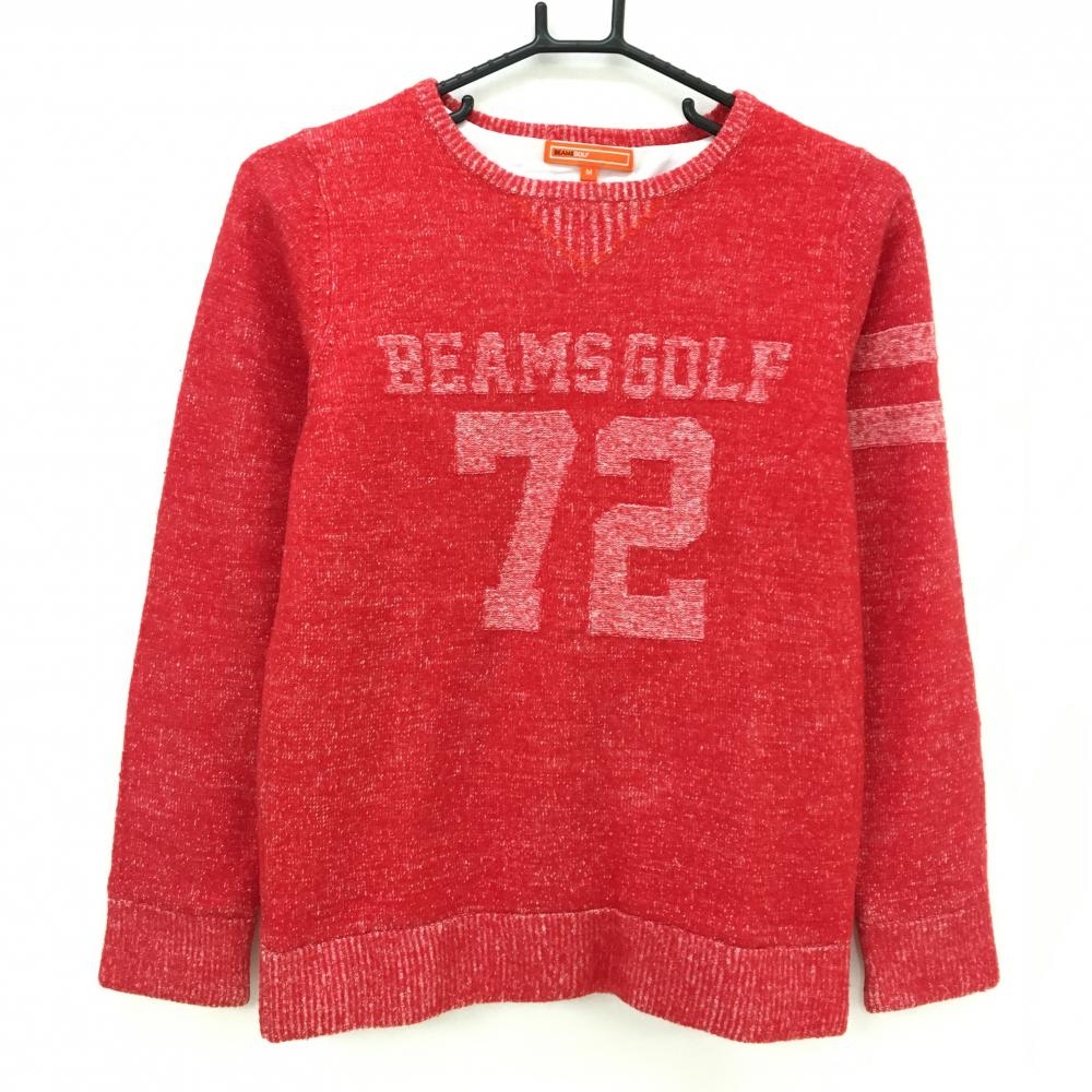 【美品】ビームスゴルフ セーター レッド×白 フロントロゴ 裏地付き ウール混  レディース M ゴルフウェア BEAMS GOLF