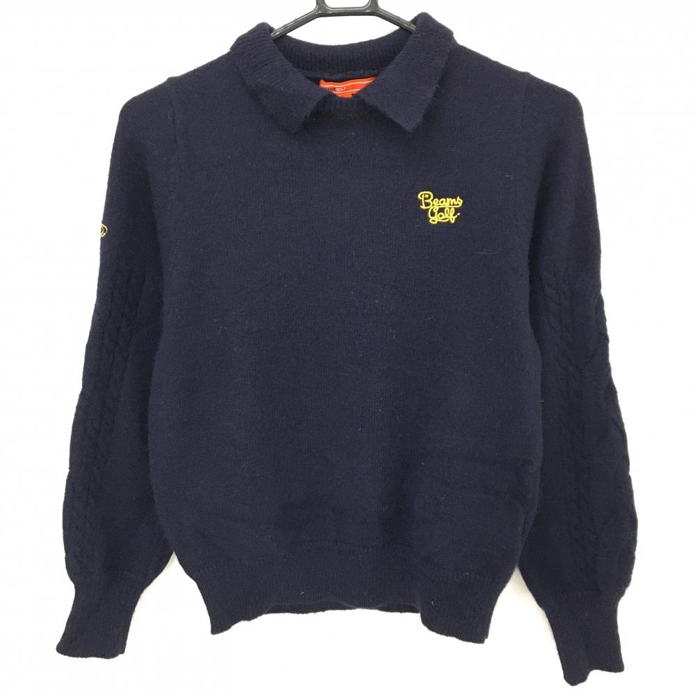 【美品】ビームスゴルフ 襟付きセーター ダークネイビー ロゴイエロー アンゴラ混 ニット レディース S ゴルフウェア BEAMS GOLF