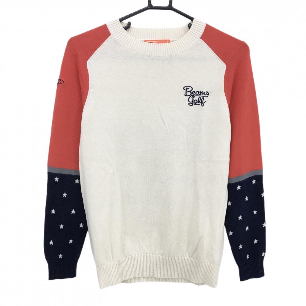 【美品】ビームスゴルフ セーター 白×レッド×ネイビー 袖一部星柄 ニット  レディース L ゴルフウェア BEAMS GOLF
