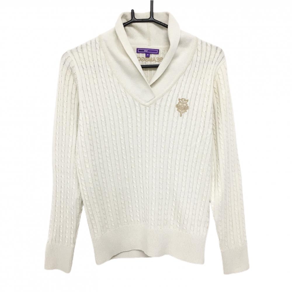 【美品】ビームスゴルフ セーター 白 ラメ ケーブル編み ロゴ刺しゅう ニット レディース M ゴルフウェア BEAMS GOLF
