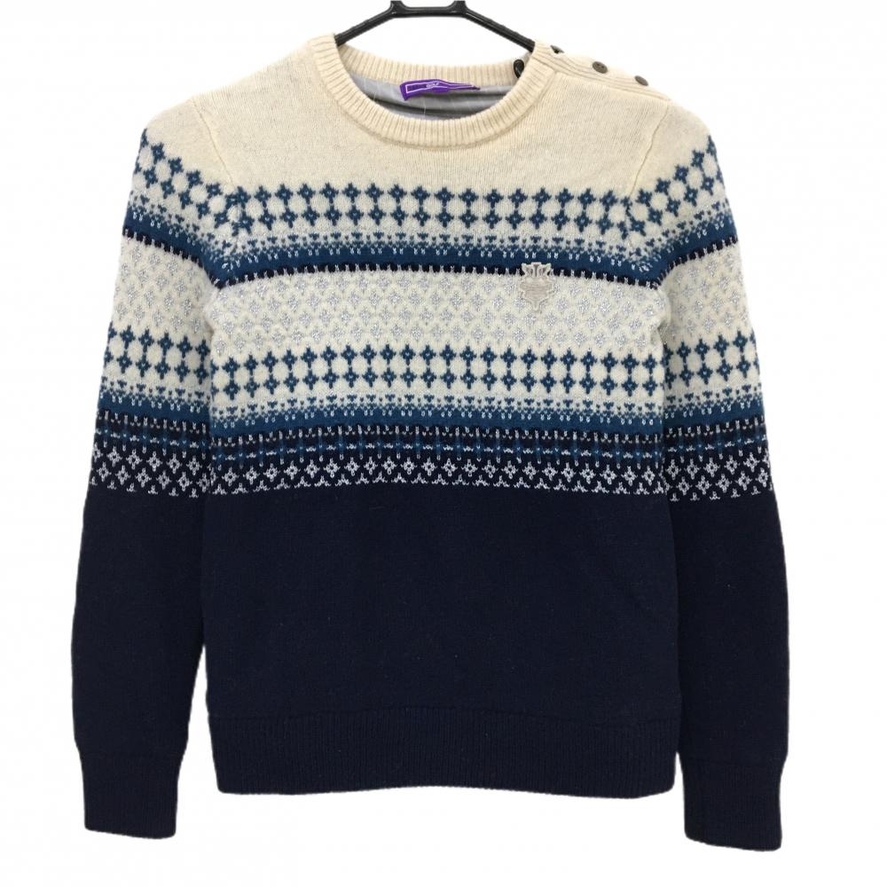 【美品】ビームスゴルフ セーター 白×ネイビー 胸上総柄 ウール混 蓄熱裏地 レディース S ゴルフウェア BEAMS GOLF