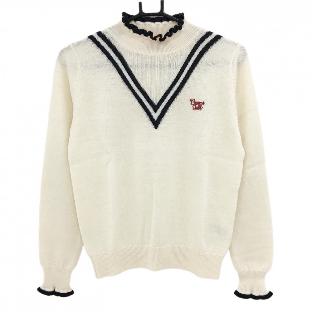 【美品】ビームスゴルフ ハイネックセーター 白×ネイビー ロゴレッド ウール混 ニット レディース M ゴルフウェア BEAMS GOLF