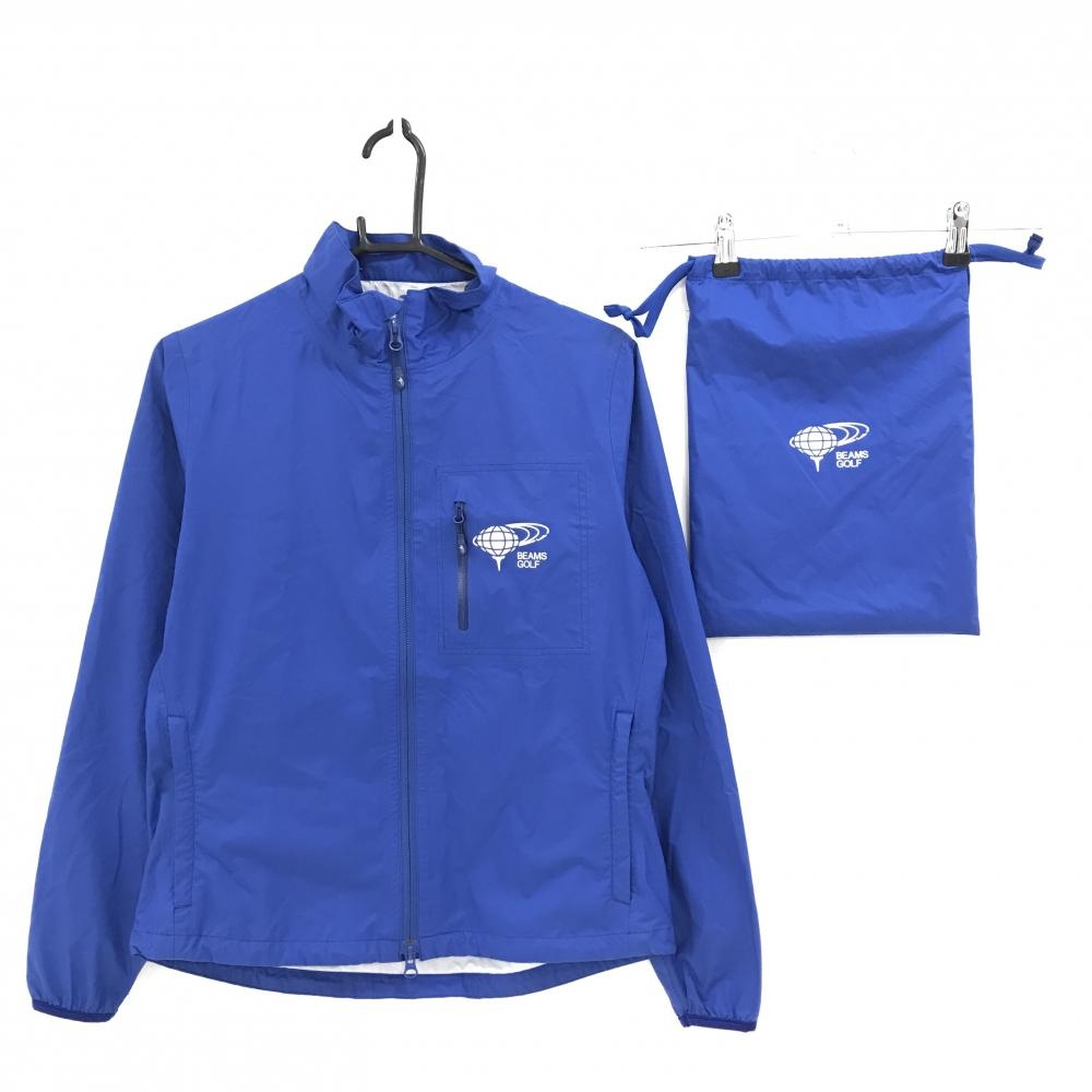 【超美品】ビームスゴルフ レインジャケット ブルー ロゴ白 収納袋 レディース M ゴルフウェア BEAMS GOLF