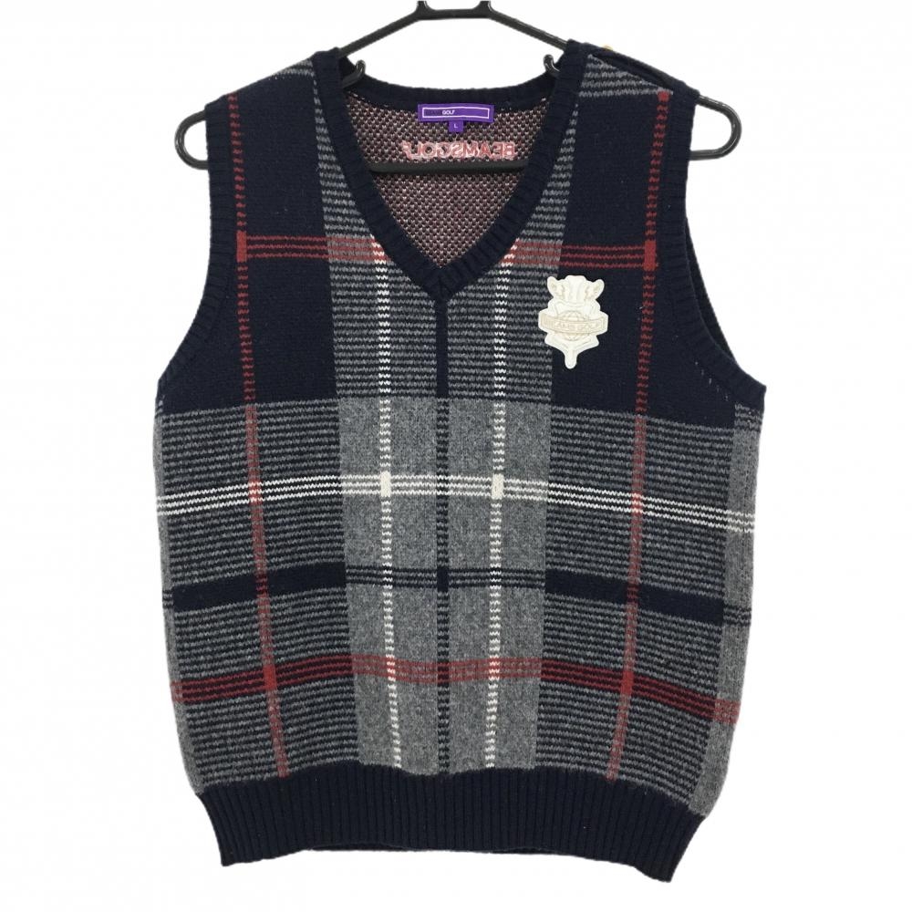【美品】ビームスゴルフ ニットベスト グレー×ネイビー×レッド チェック レディース L ゴルフウェア BEAMS GOLF