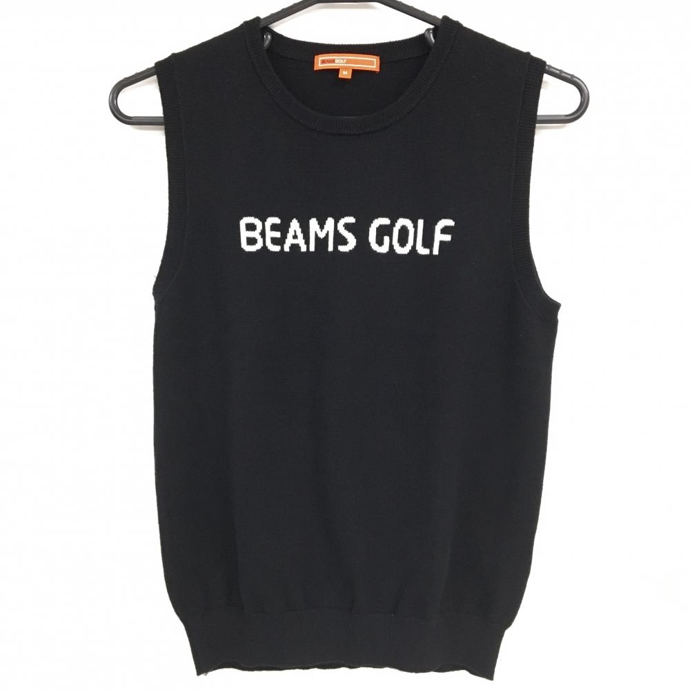 【超美品】ビームスゴルフ ニットベスト 黒×白 フロントロゴ コットン混 レディース M ゴルフウェア BEAMS GOLF
