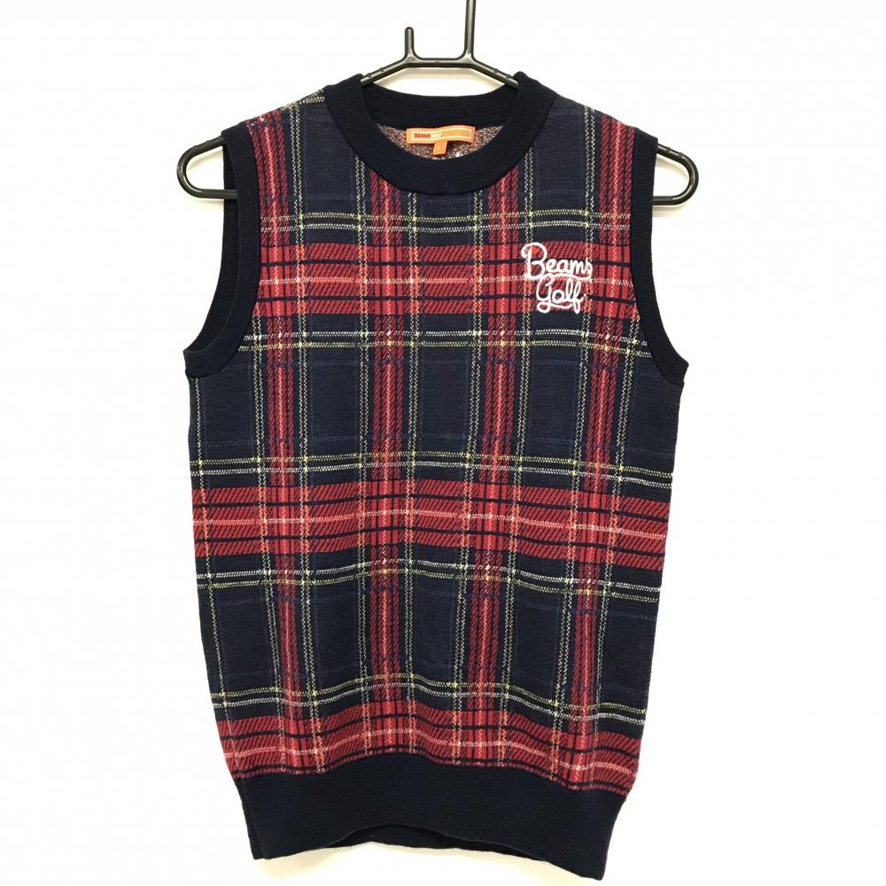 【美品】ビームスゴルフ ニットベスト ネイビー×レッド チェック ウール100％ ロゴ刺しゅう レディース L ゴルフウェア BEAMS GOLF