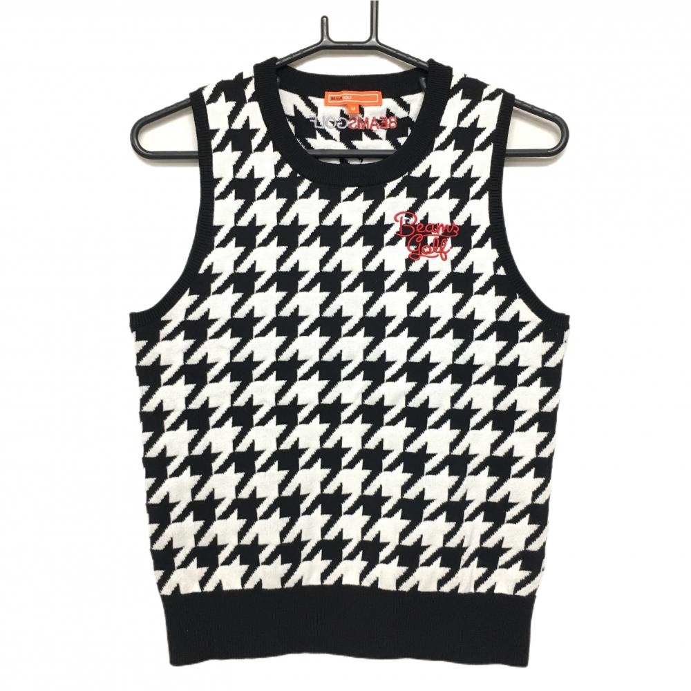 【美品】ビームスゴルフ ニットベスト 白×黒 千鳥柄 ロゴ刺しゅう レディース M ゴルフウェア BEAMS GOLF