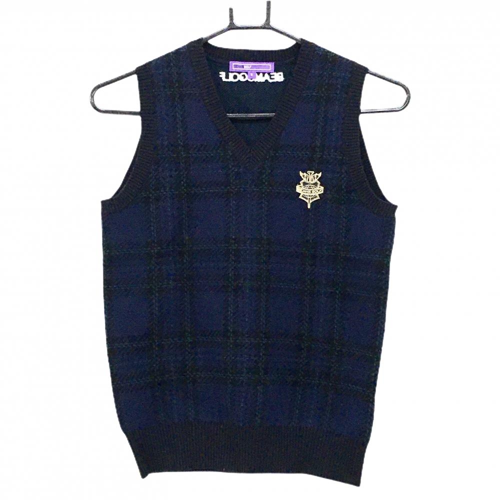 【美品】ビームスゴルフ ニットベスト ネイビー×黒 チェック ウール混 Vネック  レディース S ゴルフウェア BEAMS GOLF