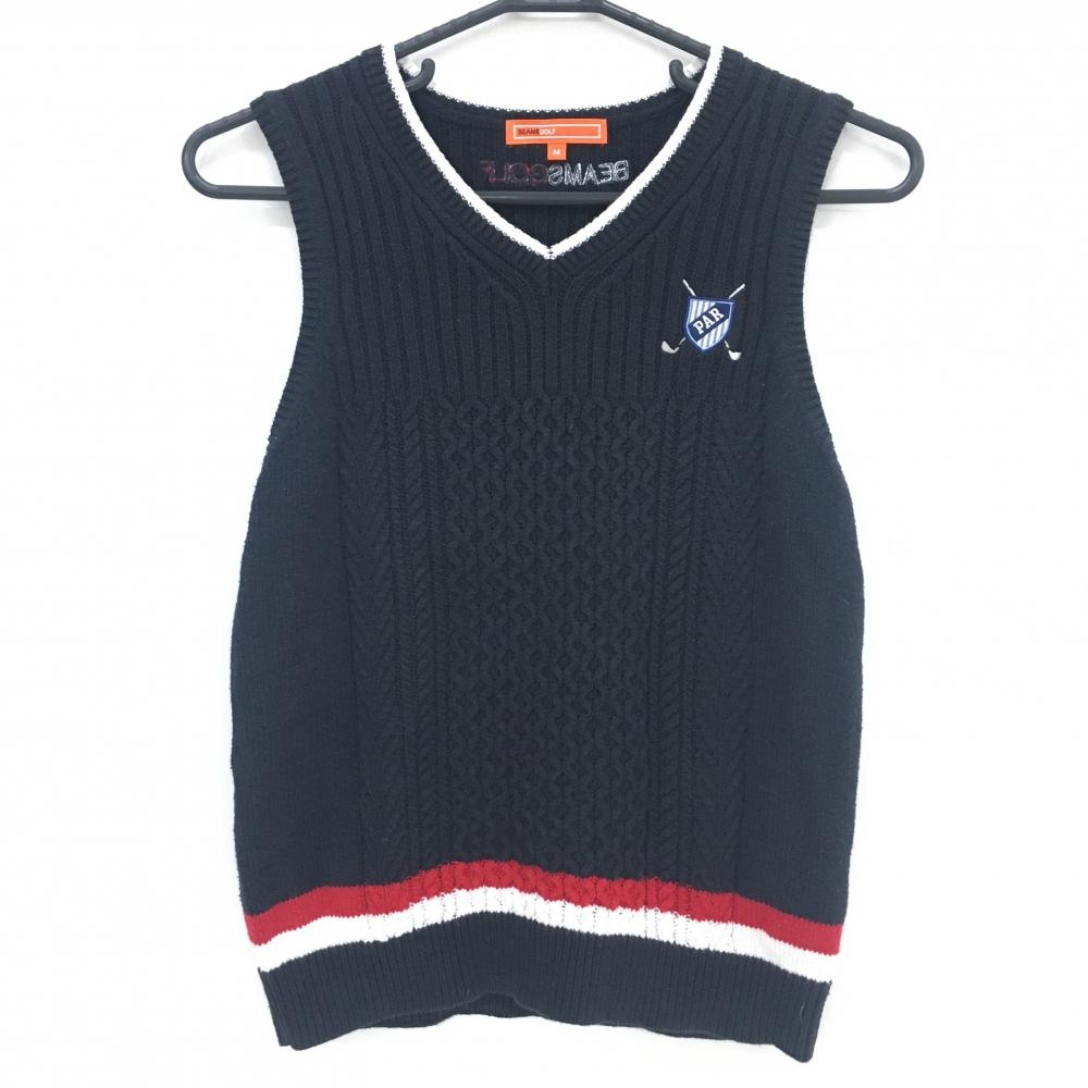 ビームスゴルフ ニットベスト ネイビー×白 胸元刺しゅう Vネック アクリル混 レディース M ゴルフウェア BEAMS GOLF