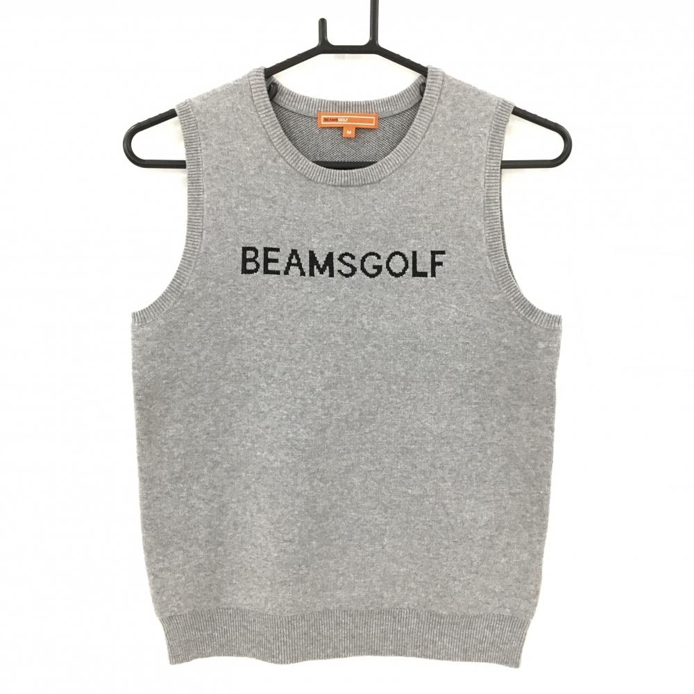 【超美品】ビームスゴルフ ニットベスト グレー×黒 ロゴ コットン混  レディース M ゴルフウェア BEAMS GOLF