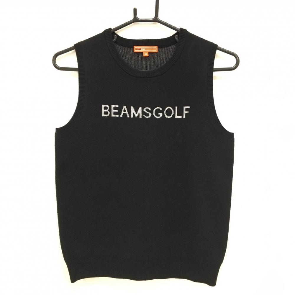 【美品】ビームスゴルフ ニットベスト 黒×白 ロゴ コットン混 レディース M ゴルフウェア BEAMS GOLF