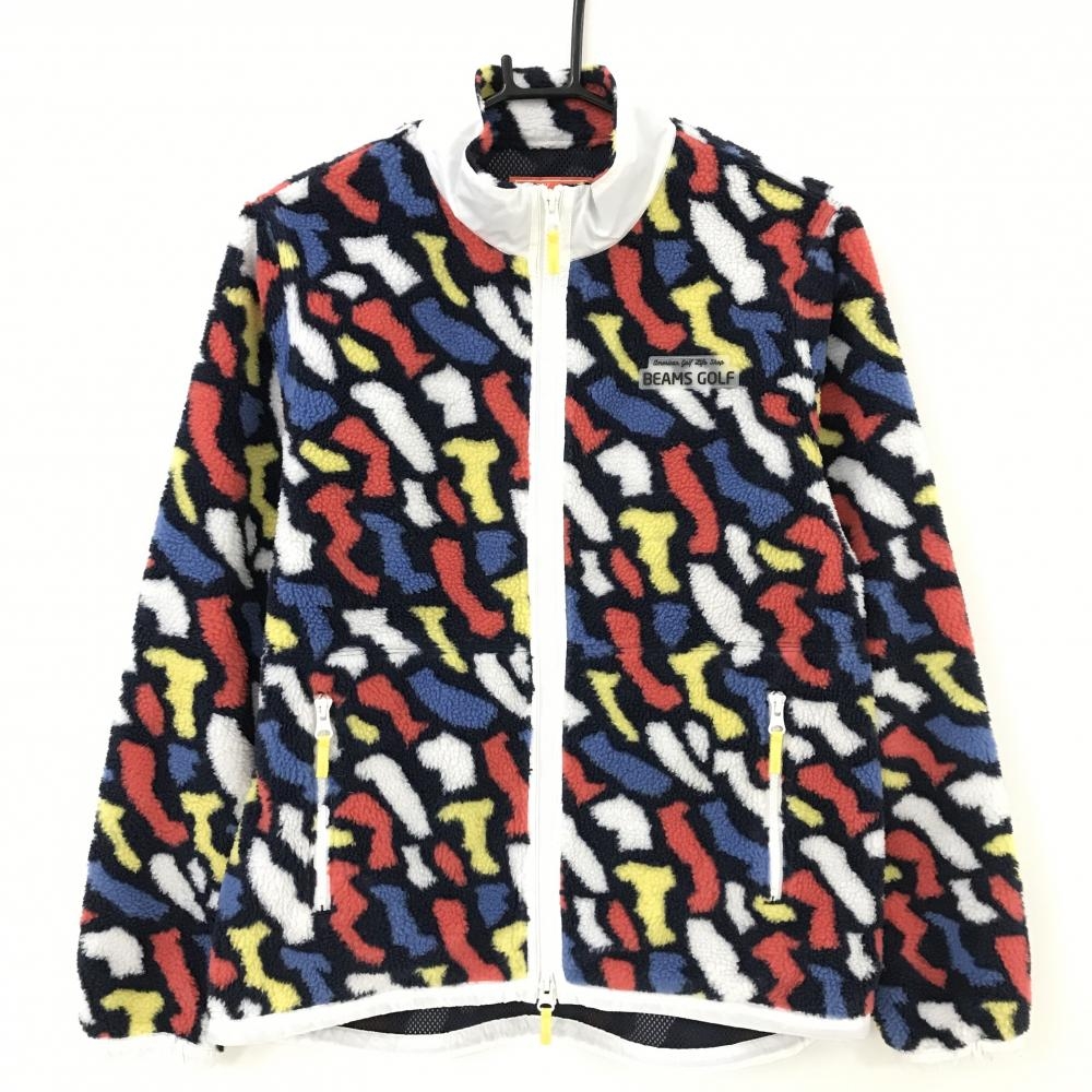 ビームスゴルフ ボアジャケット 白×マルチカラー 総柄 メッシュ裏地 レディース L ゴルフウェア BEAMS GOLF