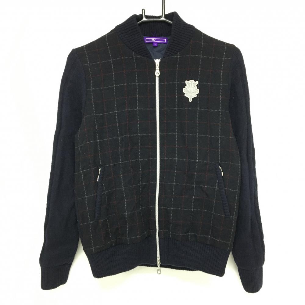 ビームスゴルフ 切替ニットジャケット ネイビー×レッド 前身頃格子チェック ウール混 裏地付 レディース L ゴルフウェア BEAMS GOLF