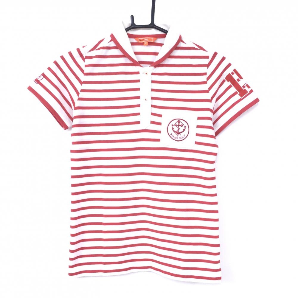 BEAMS GOLF ビームスゴルフ 半袖ポロシャツ 白×レッド ボーダー ロゴ×イカリワッペン  レディース M ゴルフウェア 画像