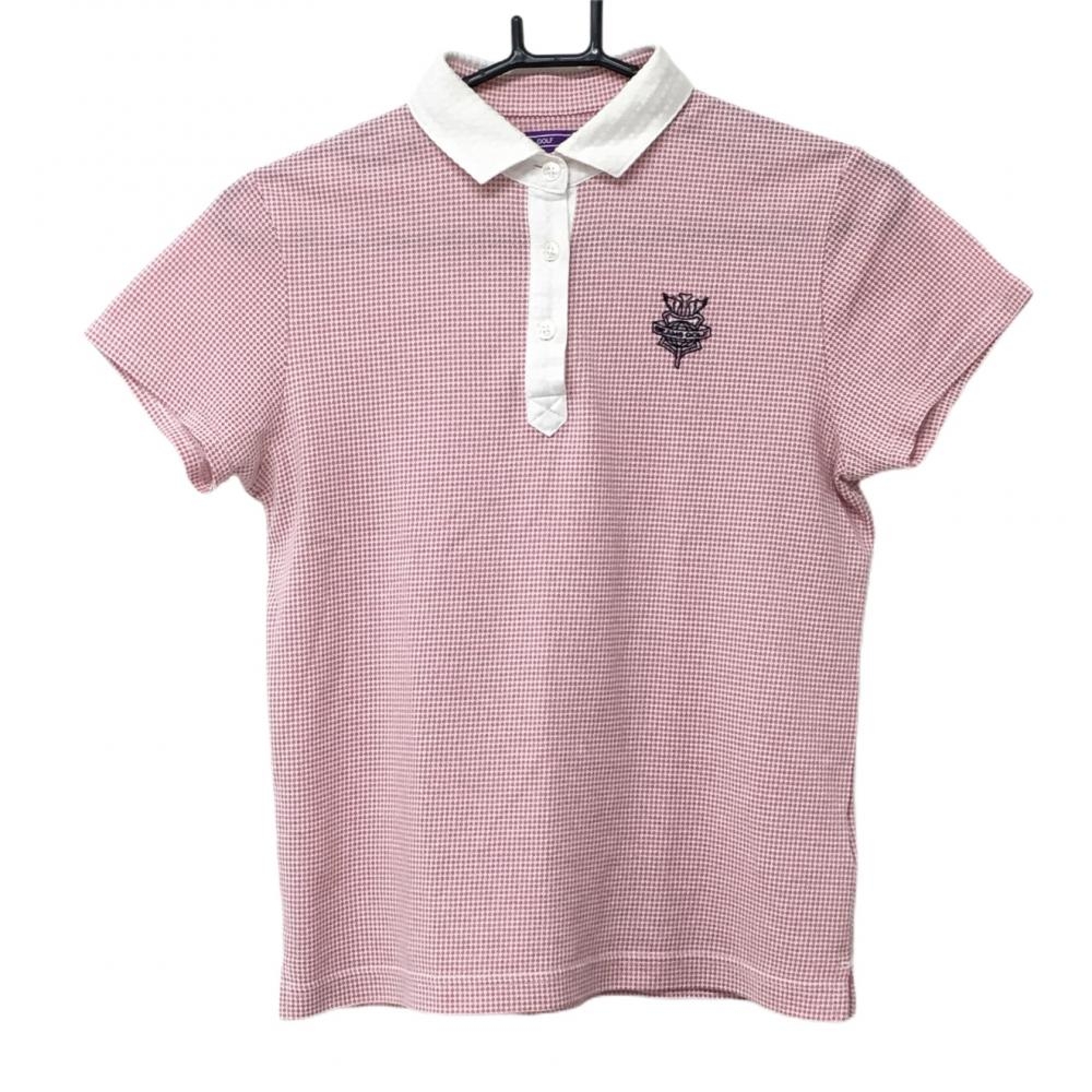 ビームスゴルフ 半袖ポロシャツ ピンク×白 織生地 ロゴ刺しゅう レディース M ゴルフウェア BEAMS GOLF